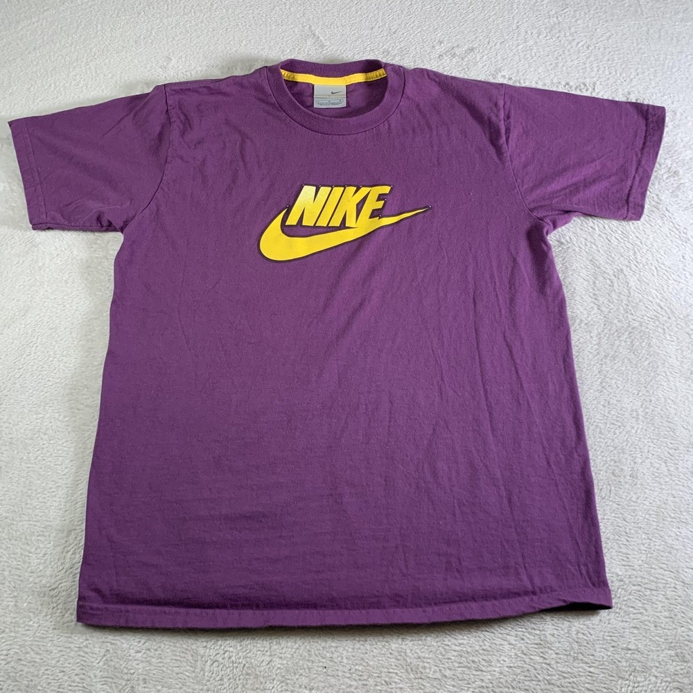 Vintage Nike Shirt Mens Large Purple Yellow Swoosh Logo Graphic Tee Cotton